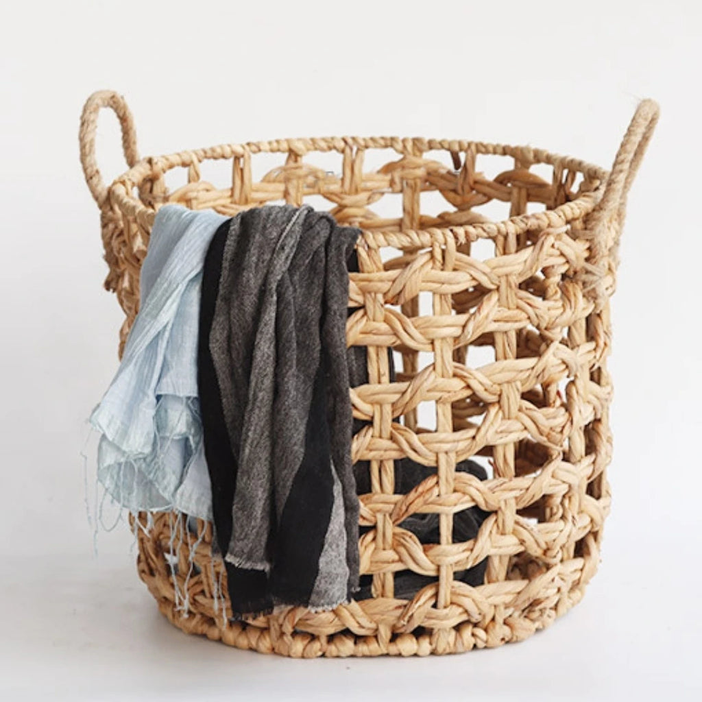 Vietnam Factory Set of 2 Rectangle Natural Water Hyacinth Basket Handle Eco-Friendly Folding Laundry & Clothing Storage Baskets