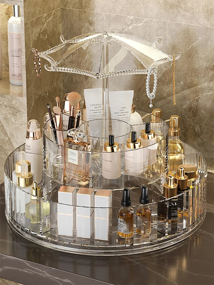 Acrylic Rotating Makeup Organizer with Umbrella Design, 360 Degree Rotating Makeup Organizer, Cosmetic Organizers for Lipstick, Cosmetics, Perfume,