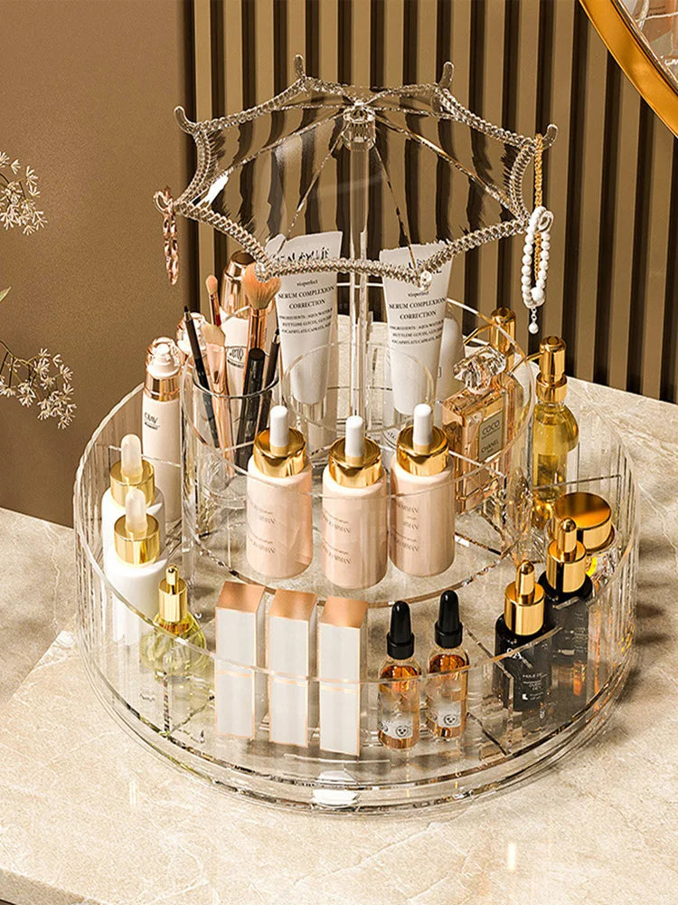 Acrylic Rotating Makeup Organizer with Umbrella Design, 360 Degree Rotating Makeup Organizer, Cosmetic Organizers for Lipstick, Cosmetics, Perfume,