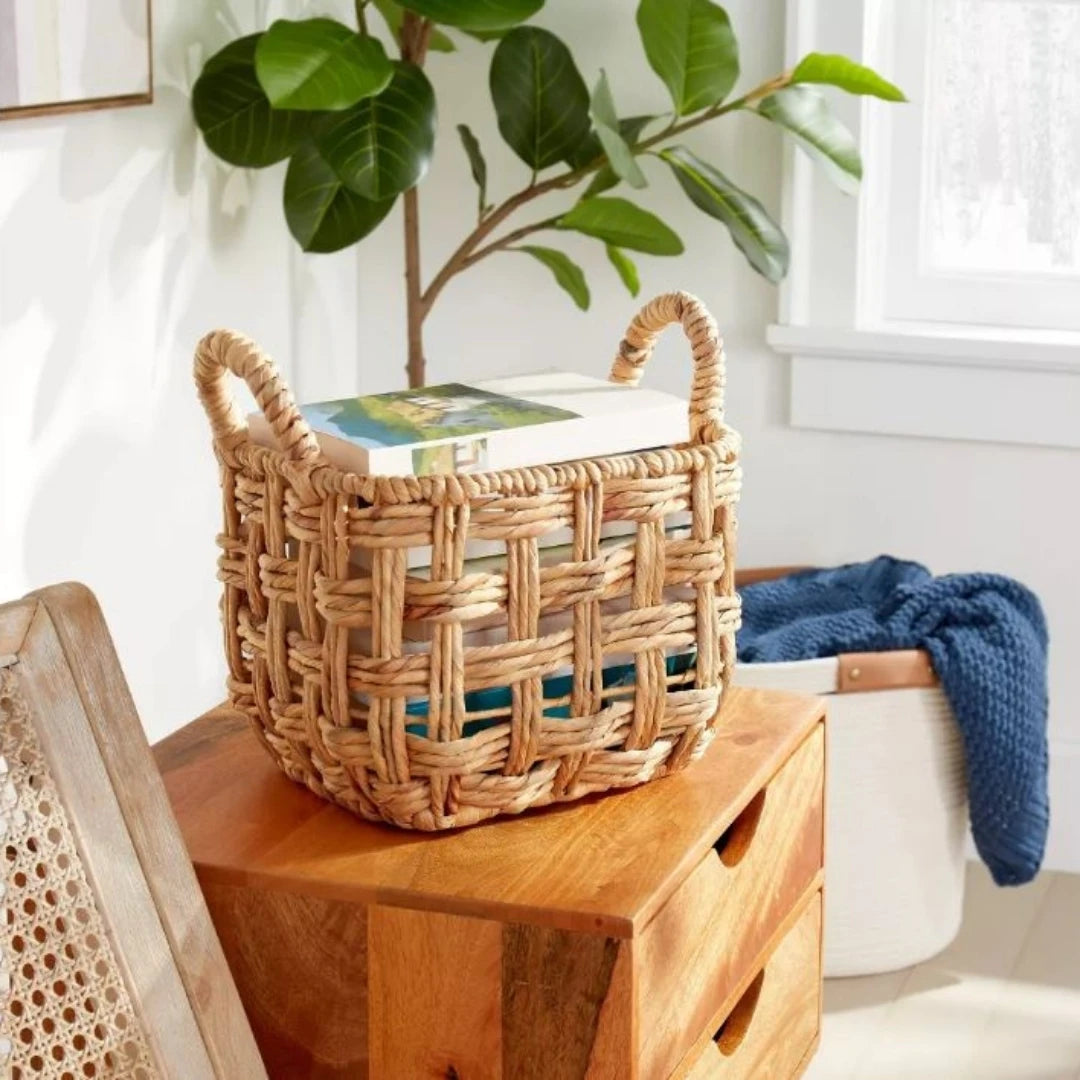 Vietnam Factory Set of 2 Rectangle Natural Water Hyacinth Basket Handle Eco-Friendly Folding Laundry & Clothing Storage Baskets