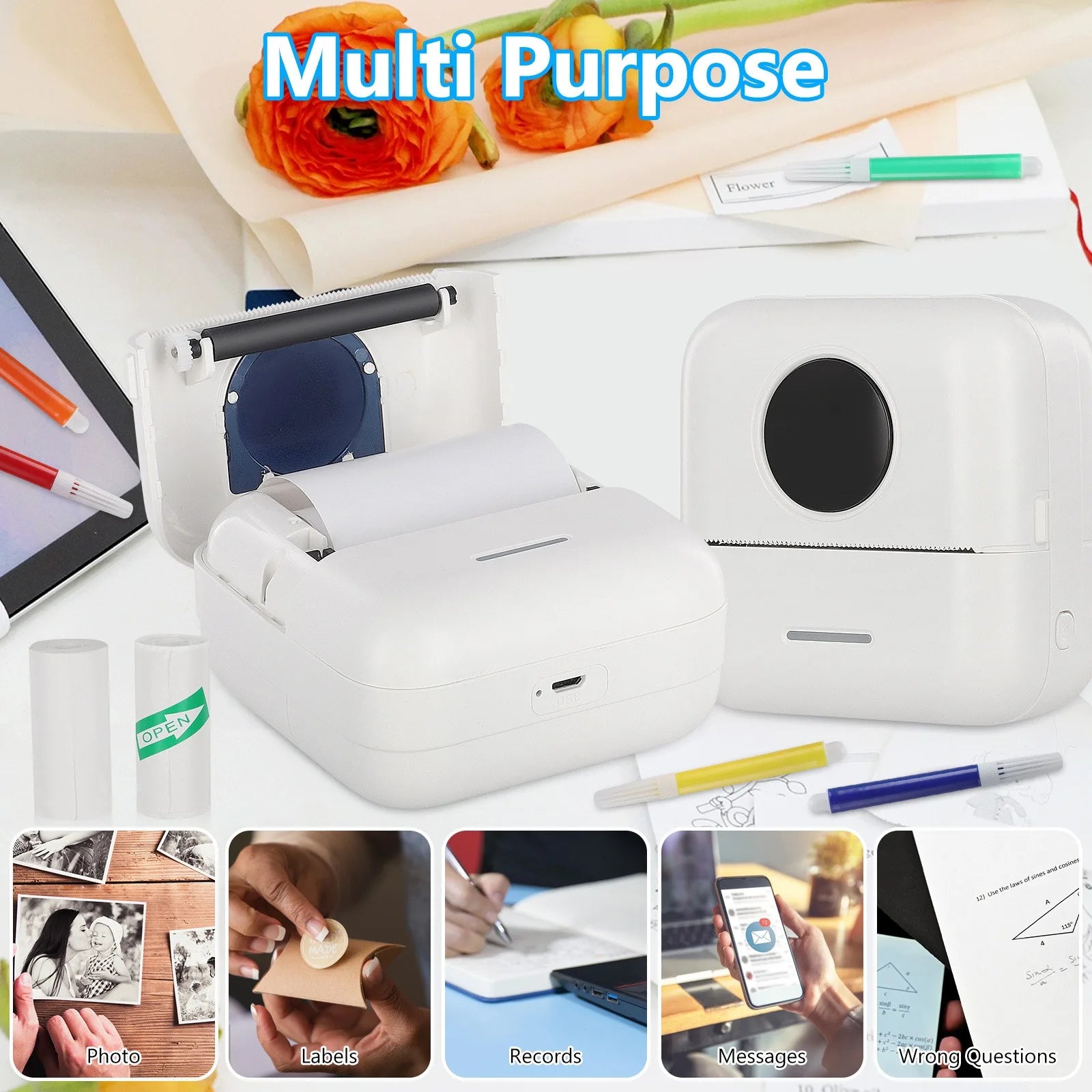 Mini Portable Printer, HD Inkless Label Printing, 203dpi High Resolution for Photos, Text, Labels, To-Do Lists, Sticky Notes