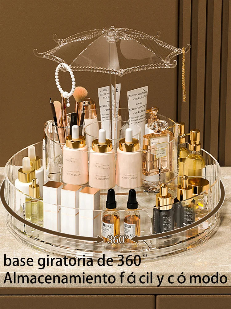 Acrylic Rotating Makeup Organizer with Umbrella Design, 360 Degree Rotating Makeup Organizer, Cosmetic Organizers for Lipstick, Cosmetics, Perfume,
