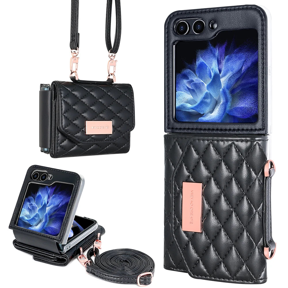 VIETAO Crossbody Strap Card Slot Purse Phone Case for for Z Flip 6 Pu Leather PC Luxury Shockproof with Phone Stand