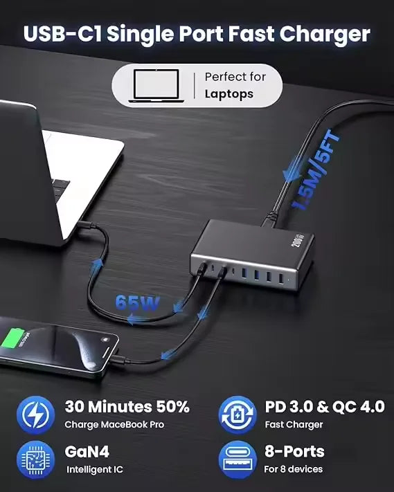 200W High Power GaN Charger Adapter USB Fast Charging Station Hub for Laptop Mobile Phones PD 3.0 QC4.0 Functional OTP Protected
