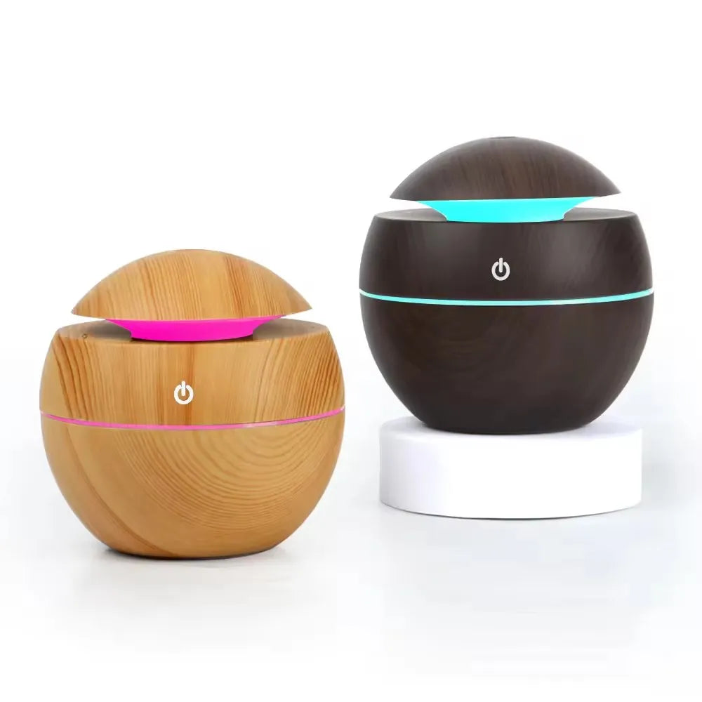 Portable Led Round Wood Grain 200ml Mini Humidifier Purifier Ultrasonic Aroma Diffuser air Humidifier with 7 Colors Led Light