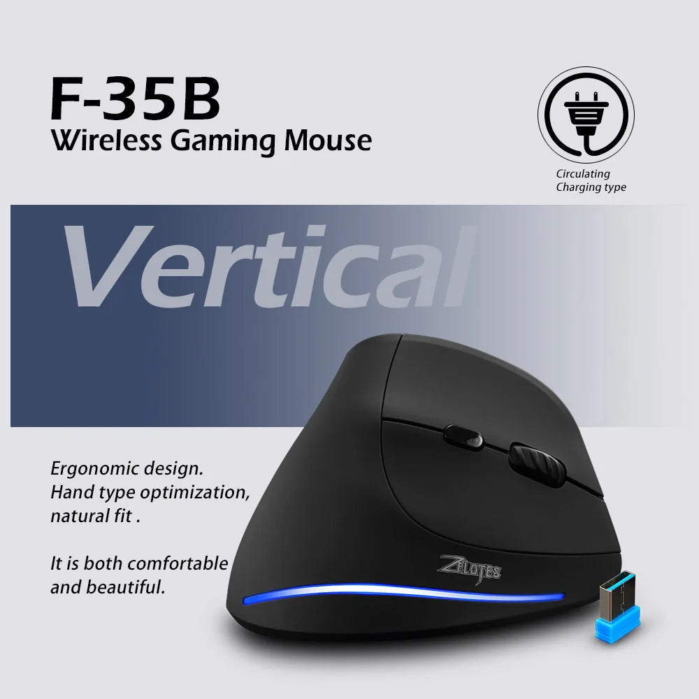 ZELOTES F35B 3-mode 2.4GHz Wireless MOUSE  RGB Backlit Vertical Gaming Mouse Rechargeable PC/Laptop Compatible 7 Buttons