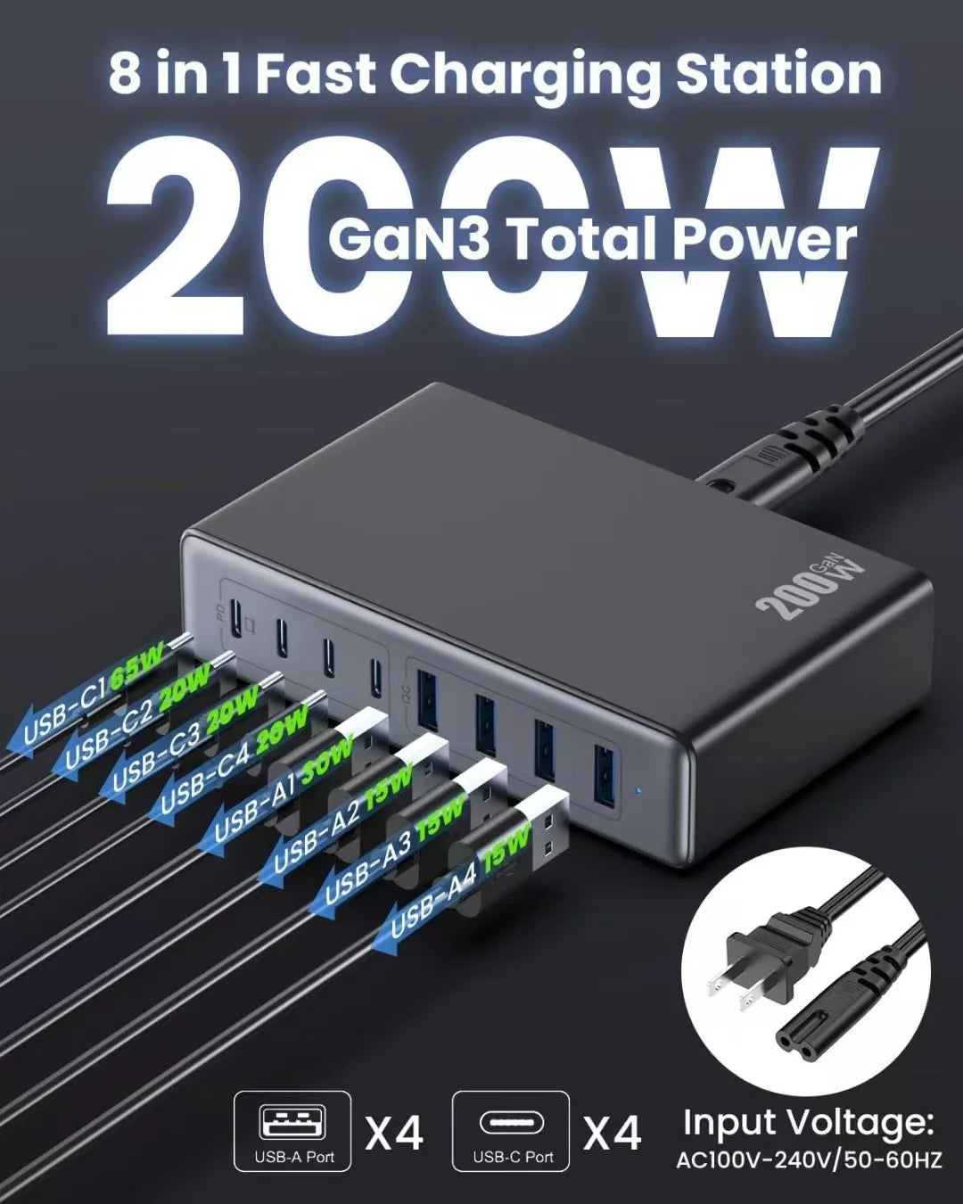 200W High Power GaN Charger Adapter USB Fast Charging Station Hub for Laptop Mobile Phones PD 3.0 QC4.0 Functional OTP Protected