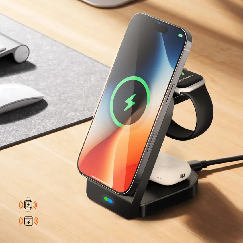 Wholesale Foldable Magnetic 15W 3-in-1 Wireless Charger Portable Fast Charging Dock Holder for AirPods IWatch for iPhone 10W
