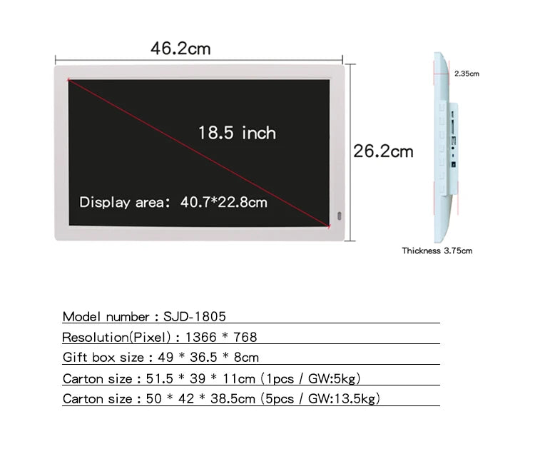 18.5 Inch Digital Photo Frame 19 Inch Motion Sensor Digital Picture Frame Advertising Player Wall Mounted for Pictures Videos