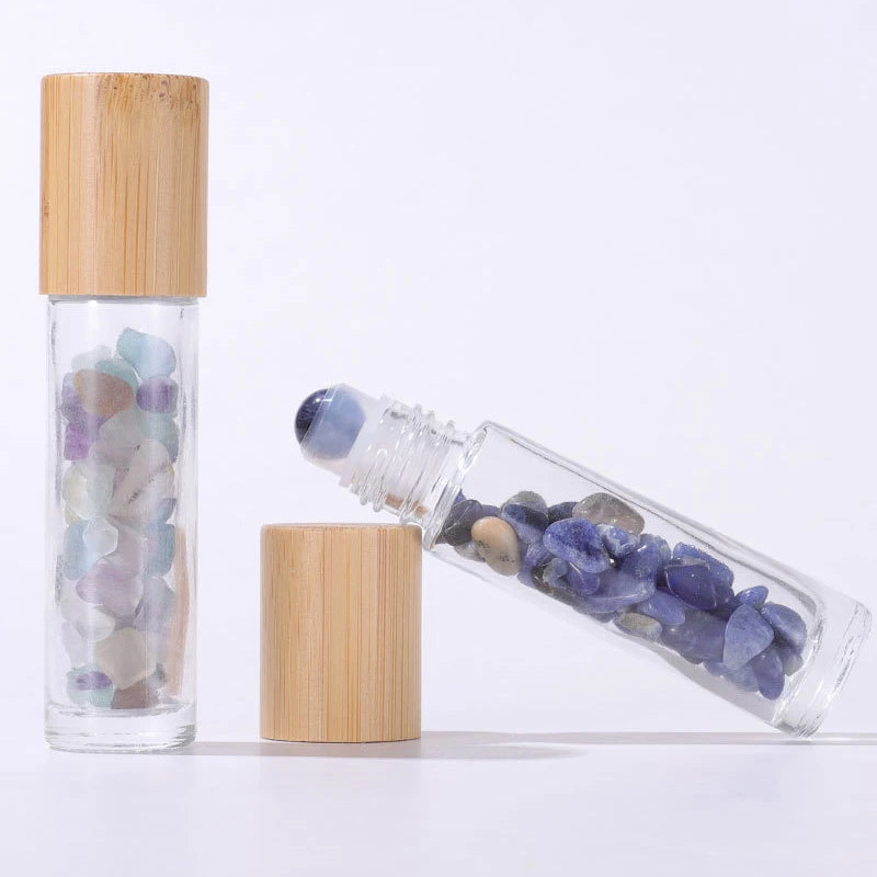 10Pcs 10ml Roll On Bottle Essential Oil Natural Jade Roller Bottles with Crystal Chip Glass Travel Refillable Bottle Containers