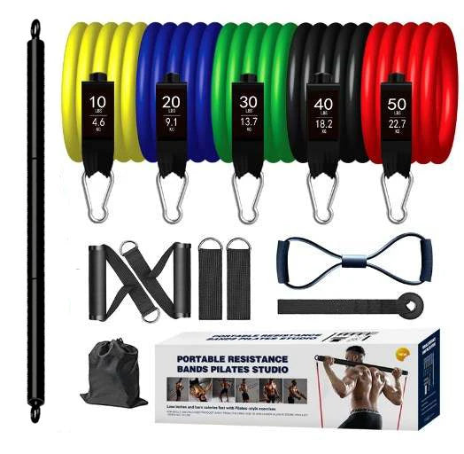 Dinuo Custom Logo Resistance Bands Gym Pull up Set 11pcs  150LB Tube Bands Kits with 2 Sections Pilates Bar