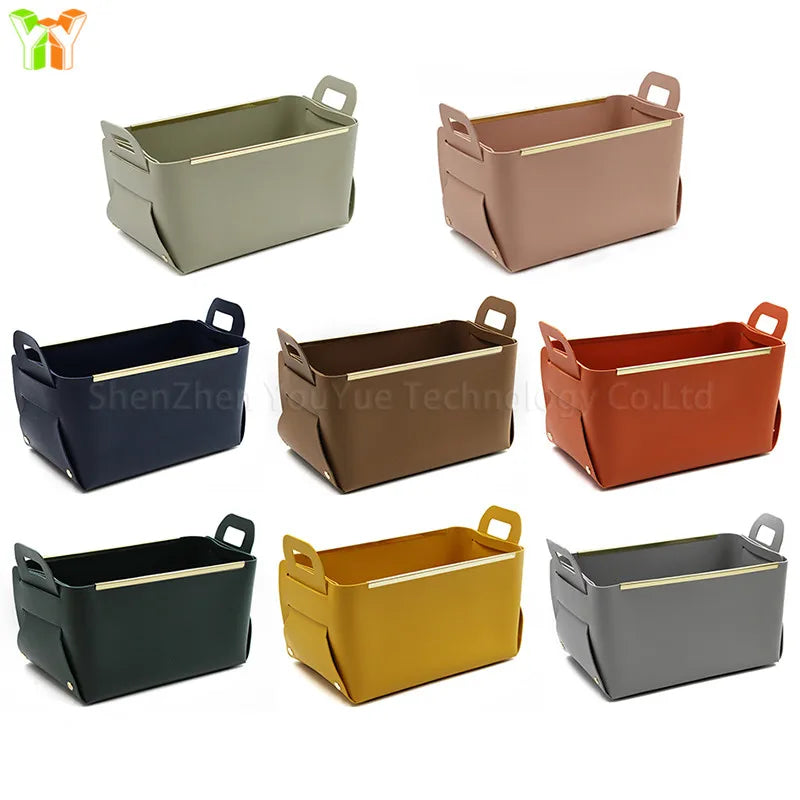 YY Metal Edge Leather Storage Basket Foldable Storage Baskets Organizer Cosmetics Sundries Container Basket Gifts for Toy