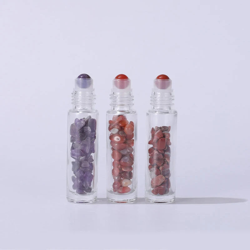10Pcs 10ml Roll On Bottle Essential Oil Natural Jade Roller Bottles with Crystal Chip Glass Travel Refillable Bottle Containers