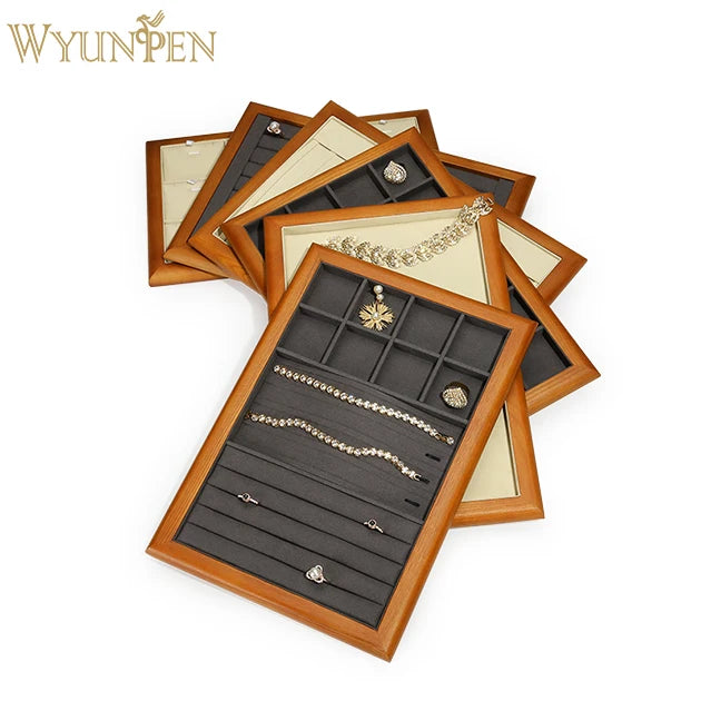 WYP  Grids Wood Jewelry Organizer Tray Stackable Jewelry Drawer Tray Watch Showcase Display Storage
