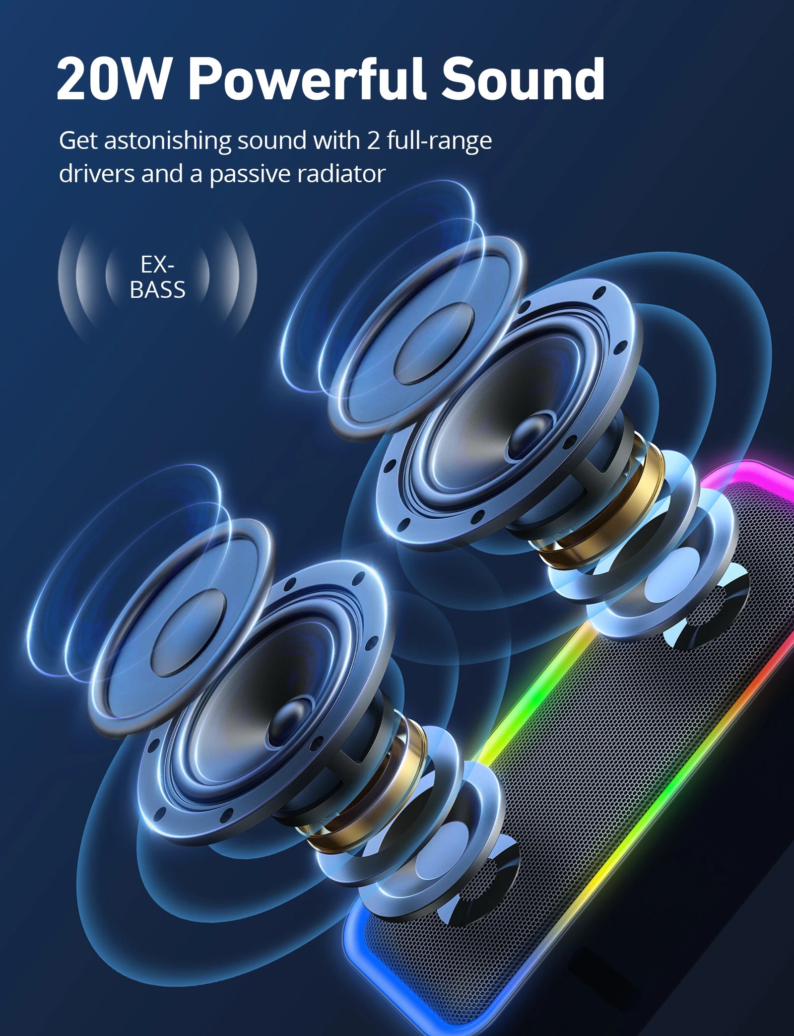 US Instock A8PRO Wireless Portable Bluetooth Speaker 20W Sound IPX6 Waterproof 20H Playtime RGB Light Show Deep Bass Wilress