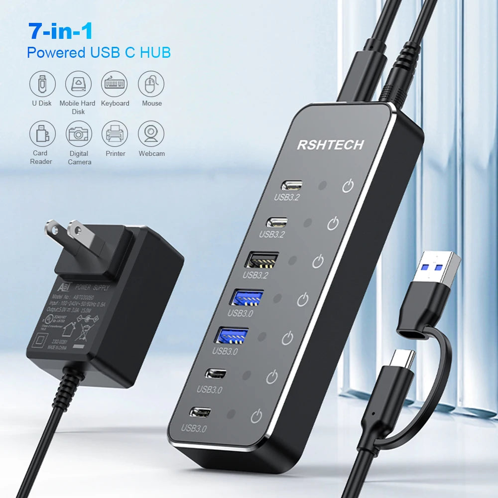 New Design Usb Por Hub With Individual On/Off Switches and Lights 7 Output Usb C Hub