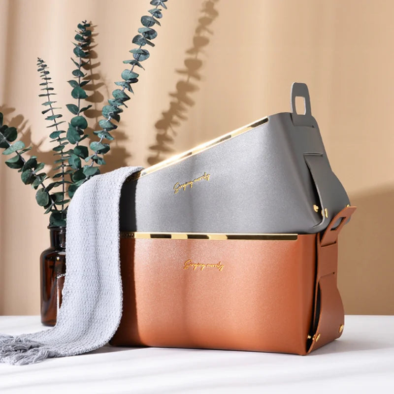 YY Metal Edge Leather Storage Basket Foldable Storage Baskets Organizer Cosmetics Sundries Container Basket Gifts for Toy