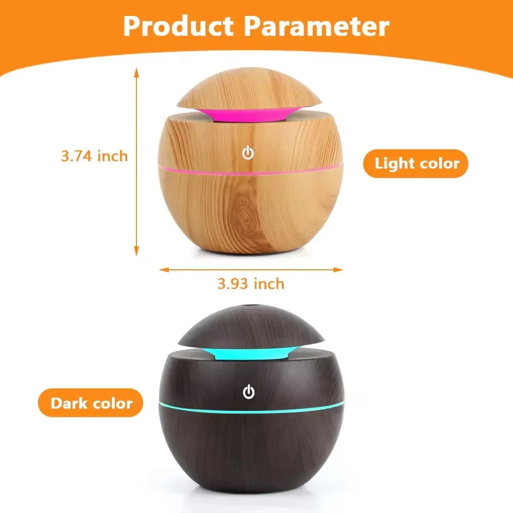 Portable Led Round Wood Grain 200ml Mini Humidifier Purifier Ultrasonic Aroma Diffuser air Humidifier with 7 Colors Led Light