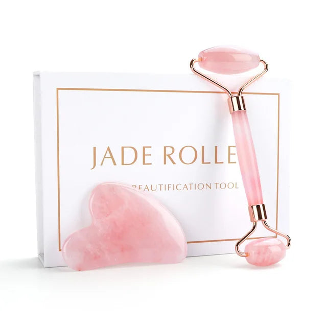 Natural Rose Quartz Jade Roller Gua Sha Set Facial Body Massager Roller Jade Stone Massage Set Face Lifting Beauty Massage Tool