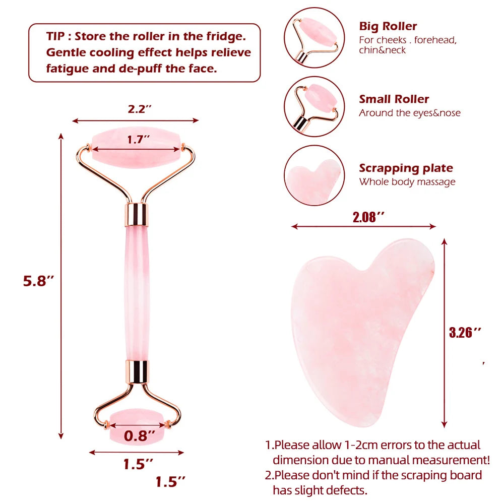 Natural Rose Quartz Jade Roller Gua Sha Set Facial Body Massager Roller Jade Stone Massage Set Face Lifting Beauty Massage Tool