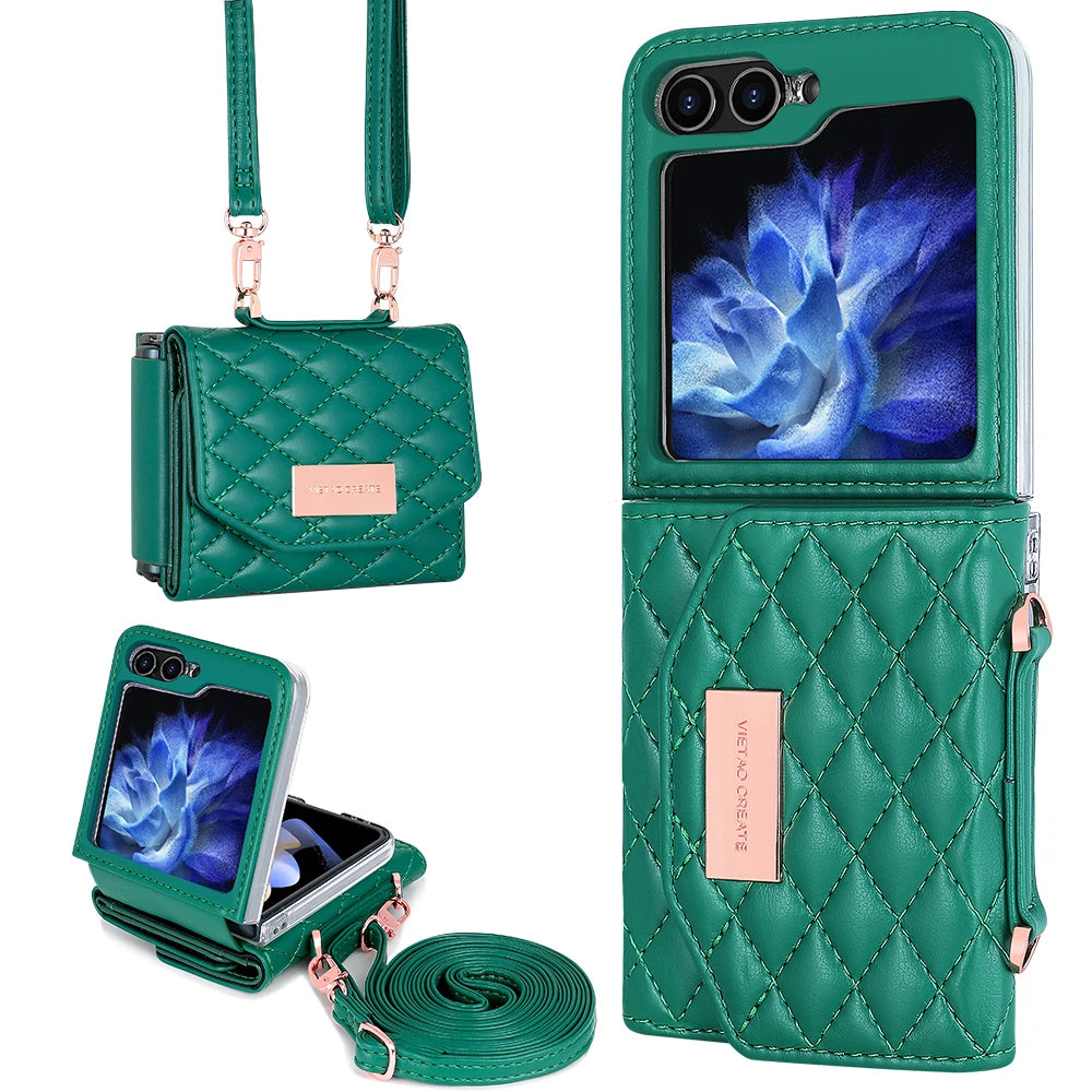 VIETAO Crossbody Strap Card Slot Purse Phone Case for for Z Flip 6 Pu Leather PC Luxury Shockproof with Phone Stand