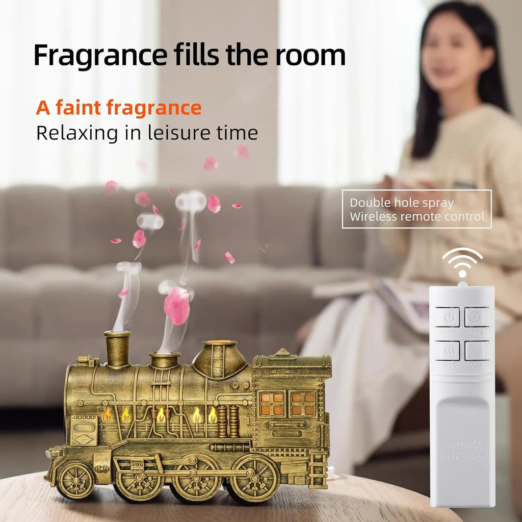 300ml Retro Train Humidifier 2-Light 2-Mist Mode Essential Oil Diffuser Easy Installation Mini Plug US Magic Train for Bedroom