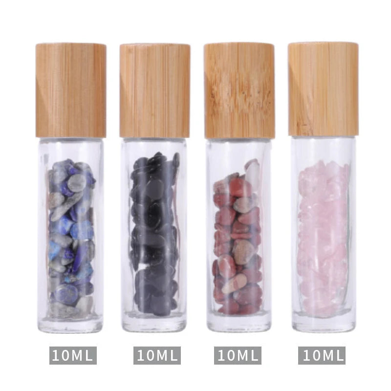 10Pcs 10ml Roll On Bottle Essential Oil Natural Jade Roller Bottles with Crystal Chip Glass Travel Refillable Bottle Containers