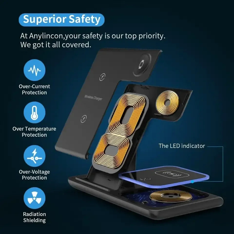 15w Folding 3 in 1 Wireless Charger Multifunction Phone Fast Charging Stand for iPhone AirPods Earbuds Earphone Smart Watch