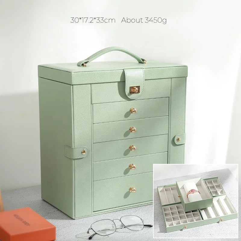 5 Layer Leather Jewelry Storage Box with Drawers Big Jewelry Organizer Case for Necklace Ring Earring Watch