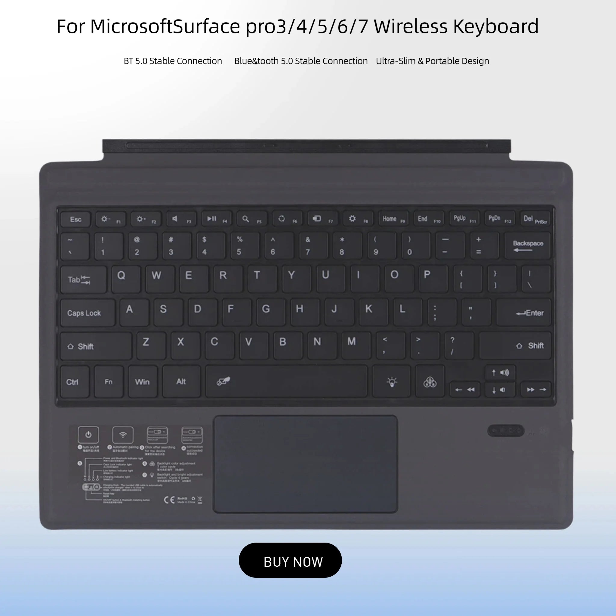 Slim BT 5.0 Wireless Keyboard with  Touchpad Multi-Device Backlit BT Wireless Keyboard for Tablet Surface Pro3 4 5 6 7  Windows