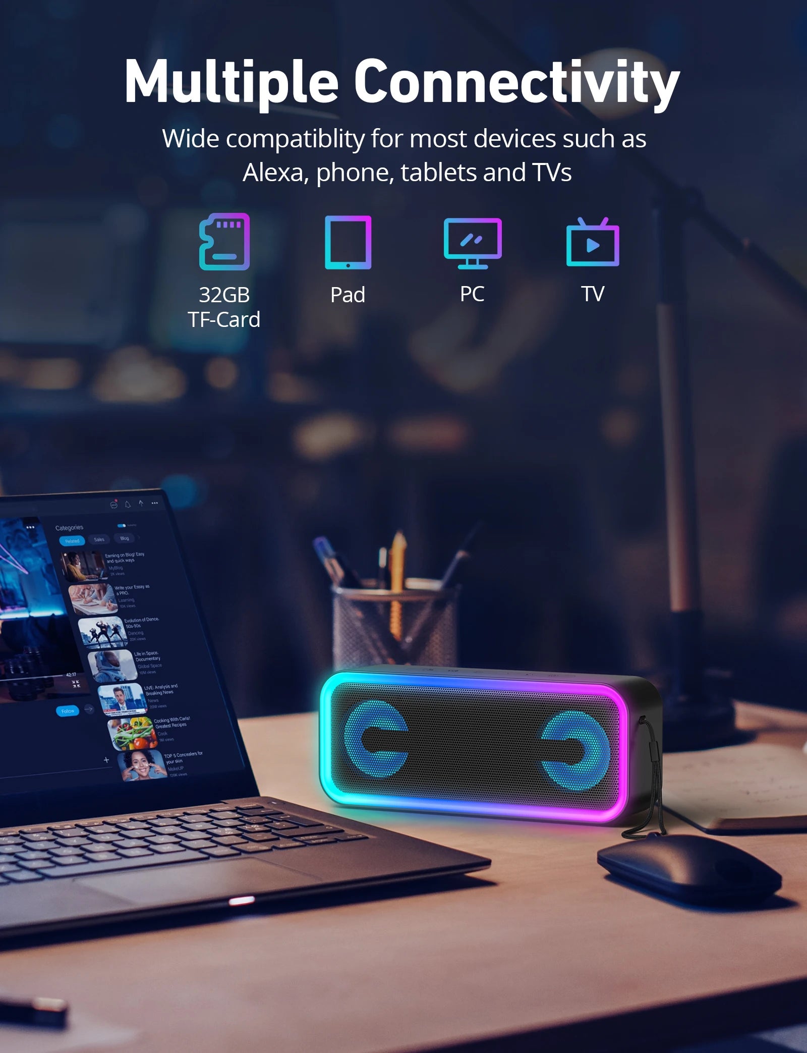 US Instock A8PRO Wireless Portable Bluetooth Speaker 20W Sound IPX6 Waterproof 20H Playtime RGB Light Show Deep Bass Wilress
