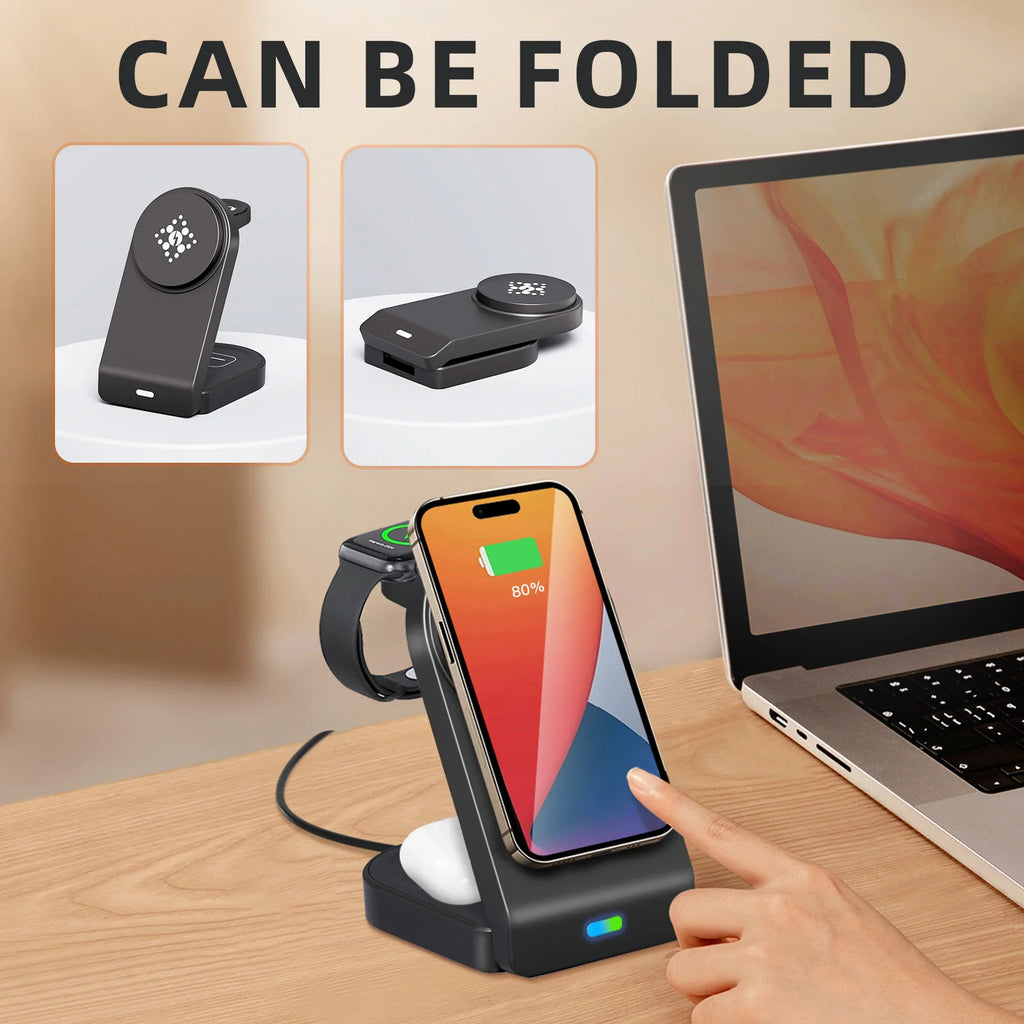 Wholesale Foldable Magnetic 15W 3-in-1 Wireless Charger Portable Fast Charging Dock Holder for AirPods IWatch for iPhone 10W