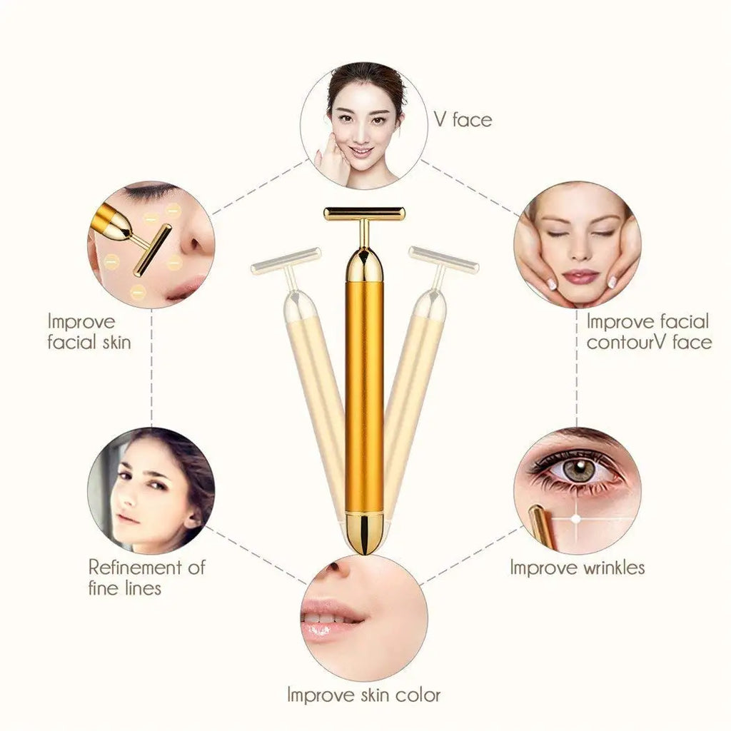 24k Gold Face Lift Bar Roller Vibration Slimming Massager Facial Stick Facial Beauty Skin Care T Shaped Vibrating Tool with Bag