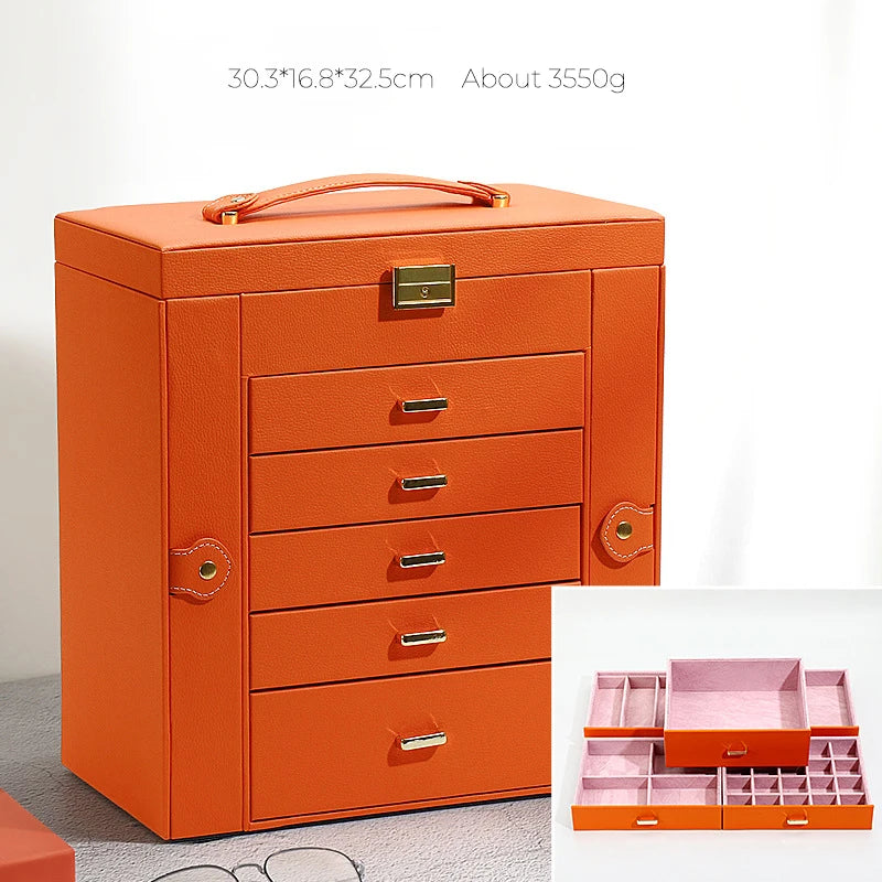 5 Layer Leather Jewelry Storage Box with Drawers Big Jewelry Organizer Case for Necklace Ring Earring Watch