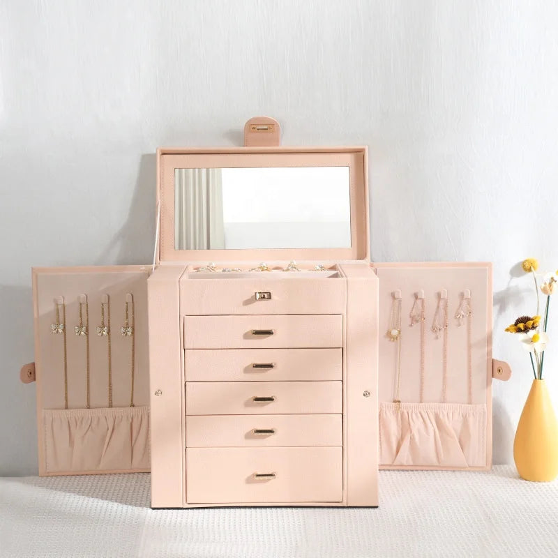 5 Layer Leather Jewelry Storage Box with Drawers Big Jewelry Organizer Case for Necklace Ring Earring Watch