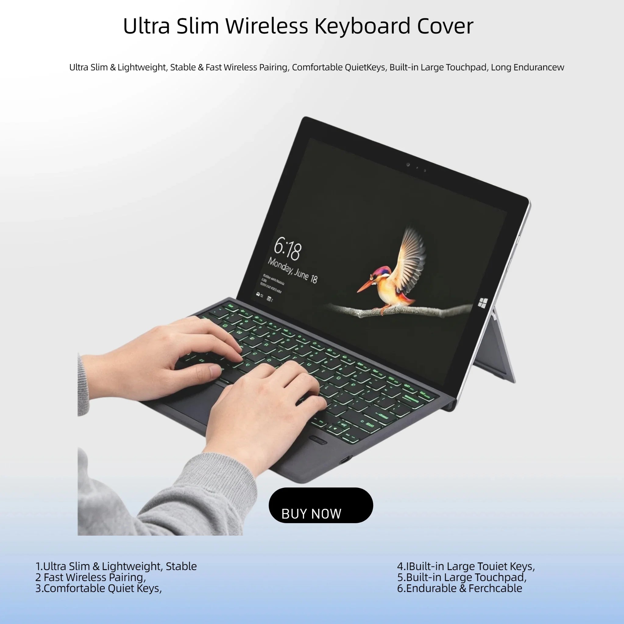 Slim BT 5.0 Wireless Keyboard with  Touchpad Multi-Device Backlit BT Wireless Keyboard for Tablet Surface Pro3 4 5 6 7  Windows