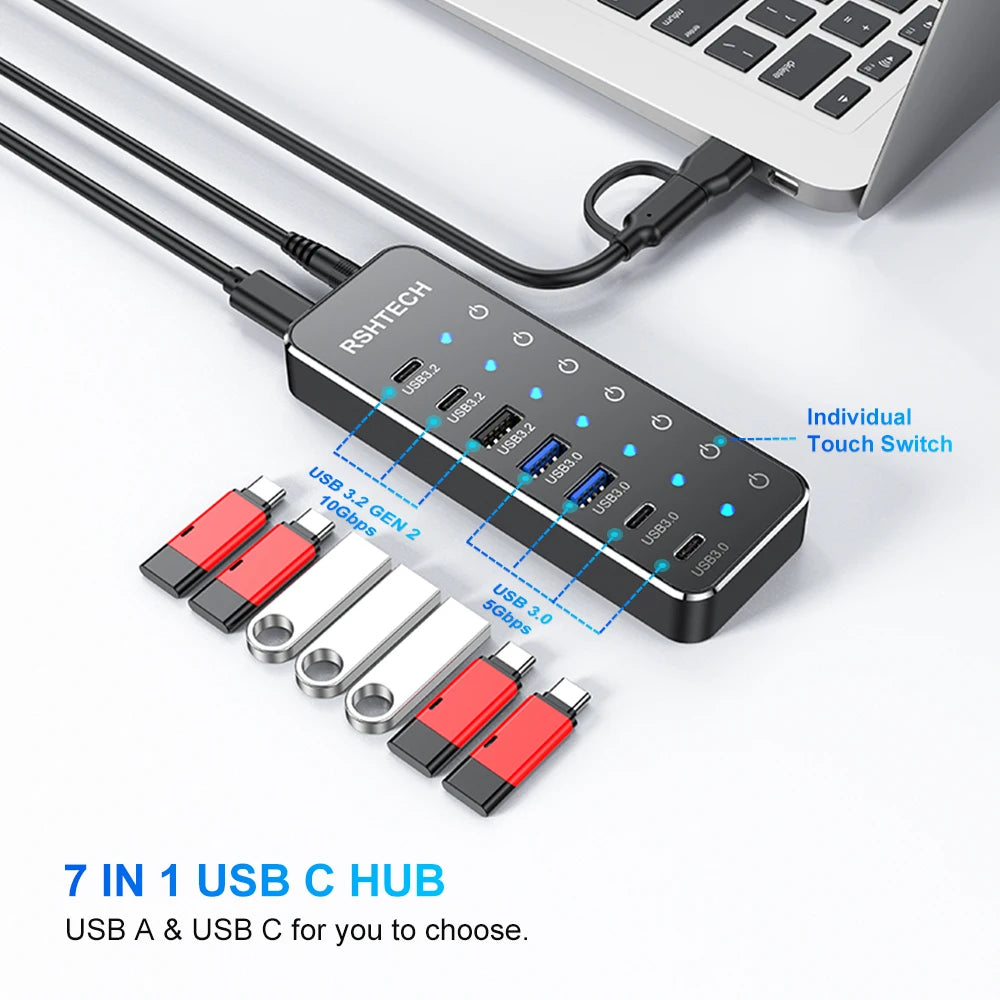 New Design Usb Por Hub With Individual On/Off Switches and Lights 7 Output Usb C Hub