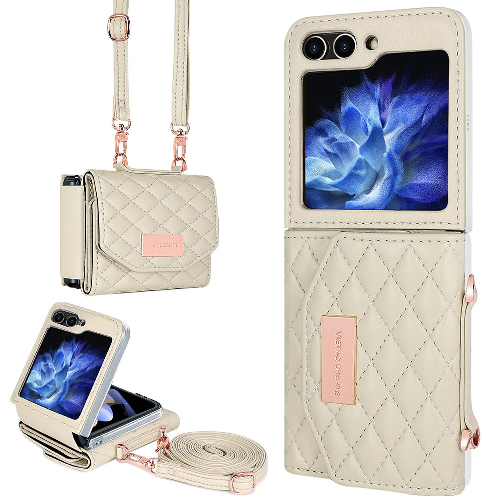 VIETAO Crossbody Strap Card Slot Purse Phone Case for for Z Flip 6 Pu Leather PC Luxury Shockproof with Phone Stand