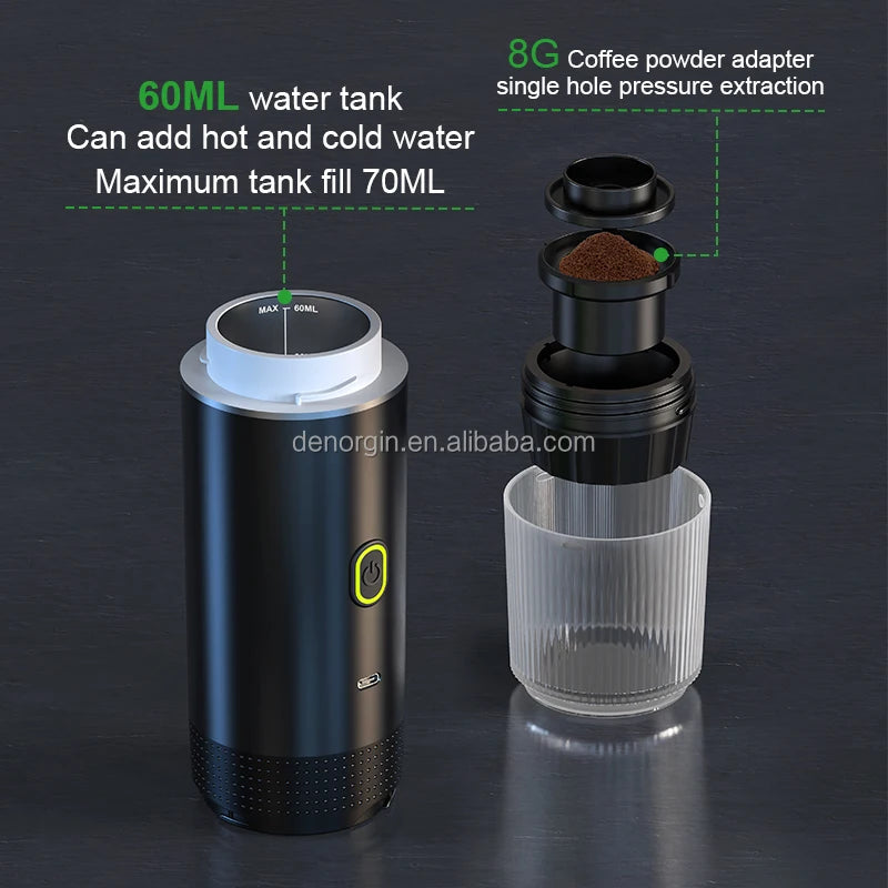 20 Bar Automatic Portable Espresso Maker Battery/USB Fast Heating Household Car Use Spanish Compatible Ground Coffee Capsules
