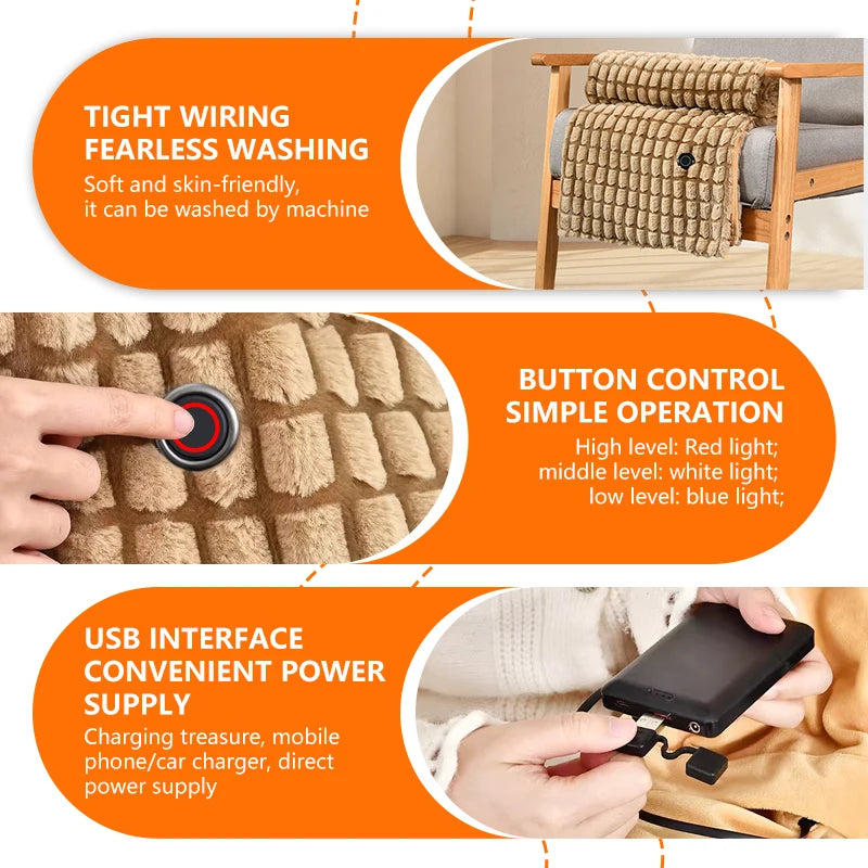 USB Cordless Electric Heated Blanket 3 Heat Settings Washable Winter Shawl Wrap Wearable Heated Blanket