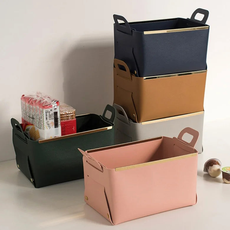 YY Metal Edge Leather Storage Basket Foldable Storage Baskets Organizer Cosmetics Sundries Container Basket Gifts for Toy