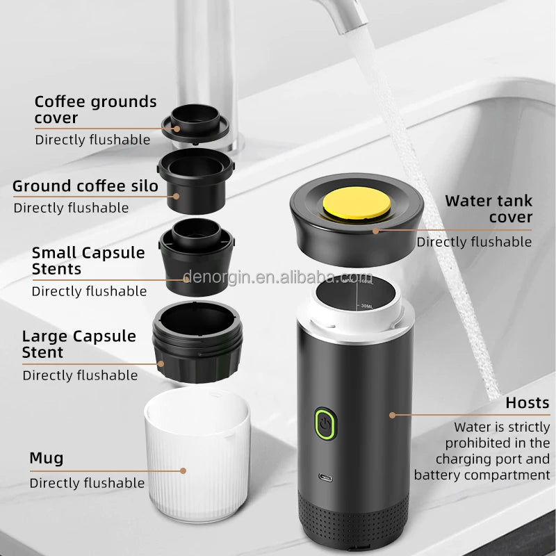 20 Bar Automatic Portable Espresso Maker Battery/USB Fast Heating Household Car Use Spanish Compatible Ground Coffee Capsules