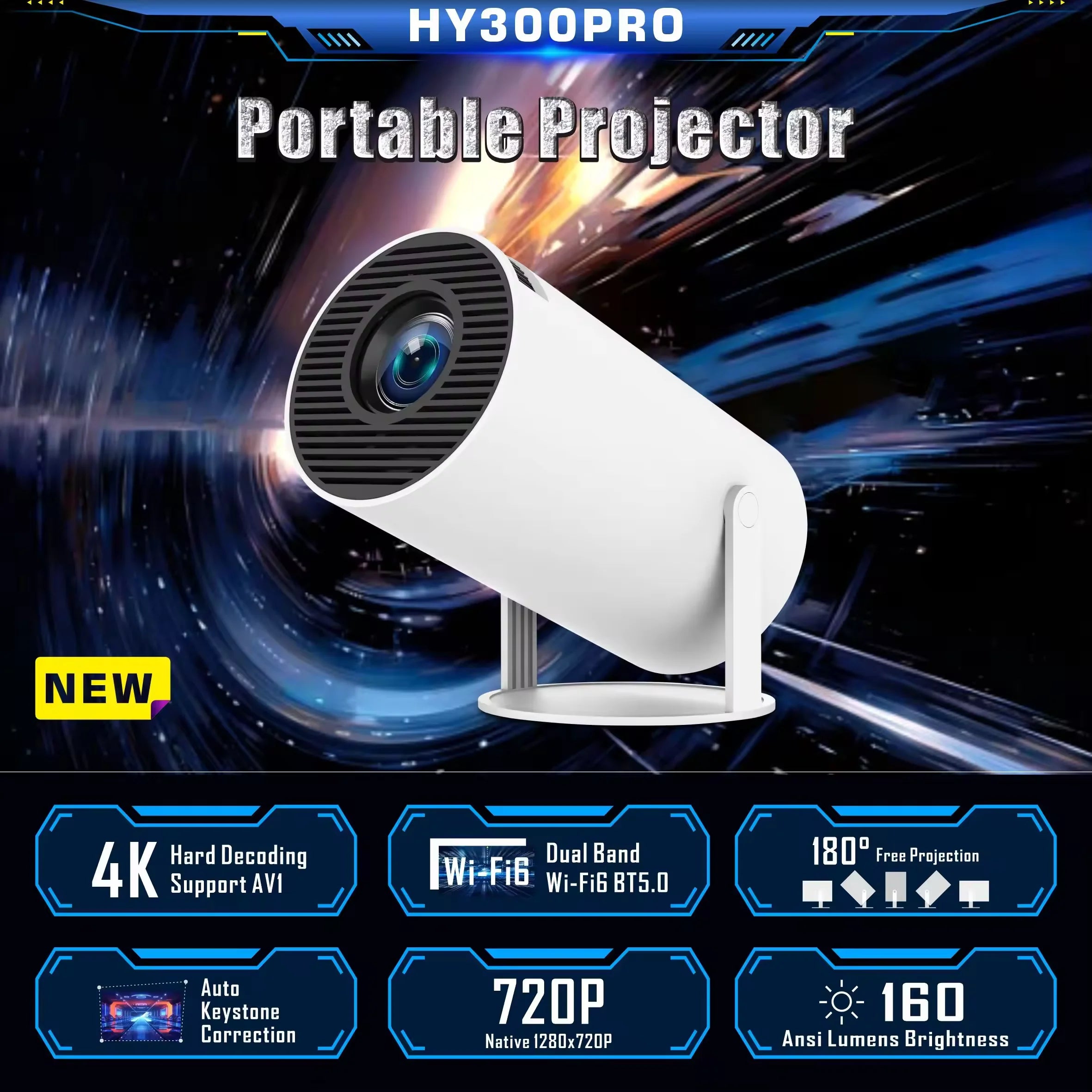 Hy300 Video Projector Screen Newest Smart Home Theater Projecteur Portable Auto HD Proyector Mini Projector