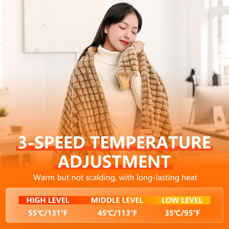 USB Cordless Electric Heated Blanket 3 Heat Settings Washable Winter Shawl Wrap Wearable Heated Blanket