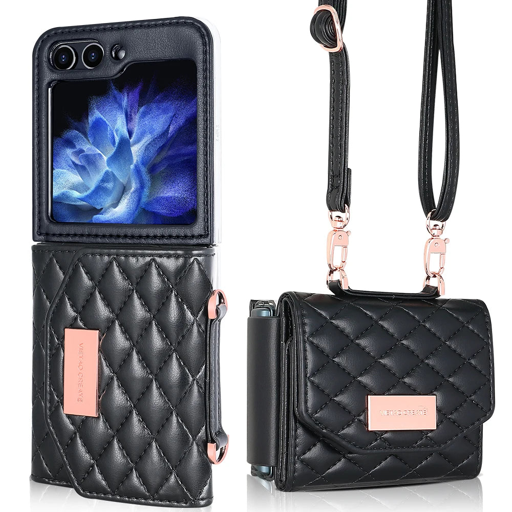 VIETAO Crossbody Strap Card Slot Purse Phone Case for for Z Flip 6 Pu Leather PC Luxury Shockproof with Phone Stand