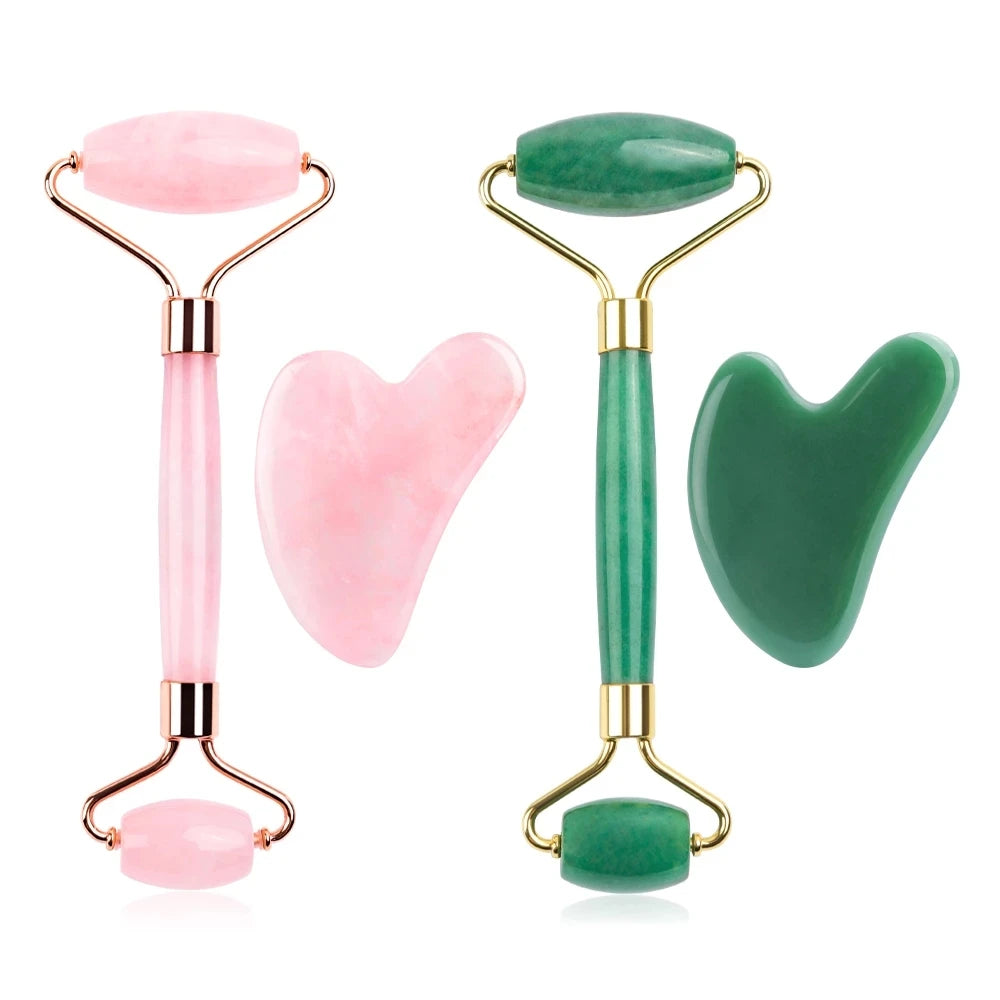 Natural Rose Quartz Jade Roller Gua Sha Set Facial Body Massager Roller Jade Stone Massage Set Face Lifting Beauty Massage Tool