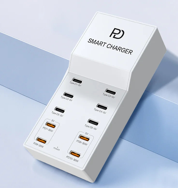 72W 10-Port PD Fast Charging Station Compact USB-C Hub for Office & Travel Simultaneous Charging for Phone, Tablet & Accessories