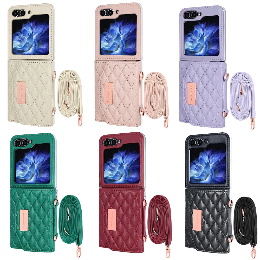 VIETAO Crossbody Strap Card Slot Purse Phone Case for for Z Flip 6 Pu Leather PC Luxury Shockproof with Phone Stand
