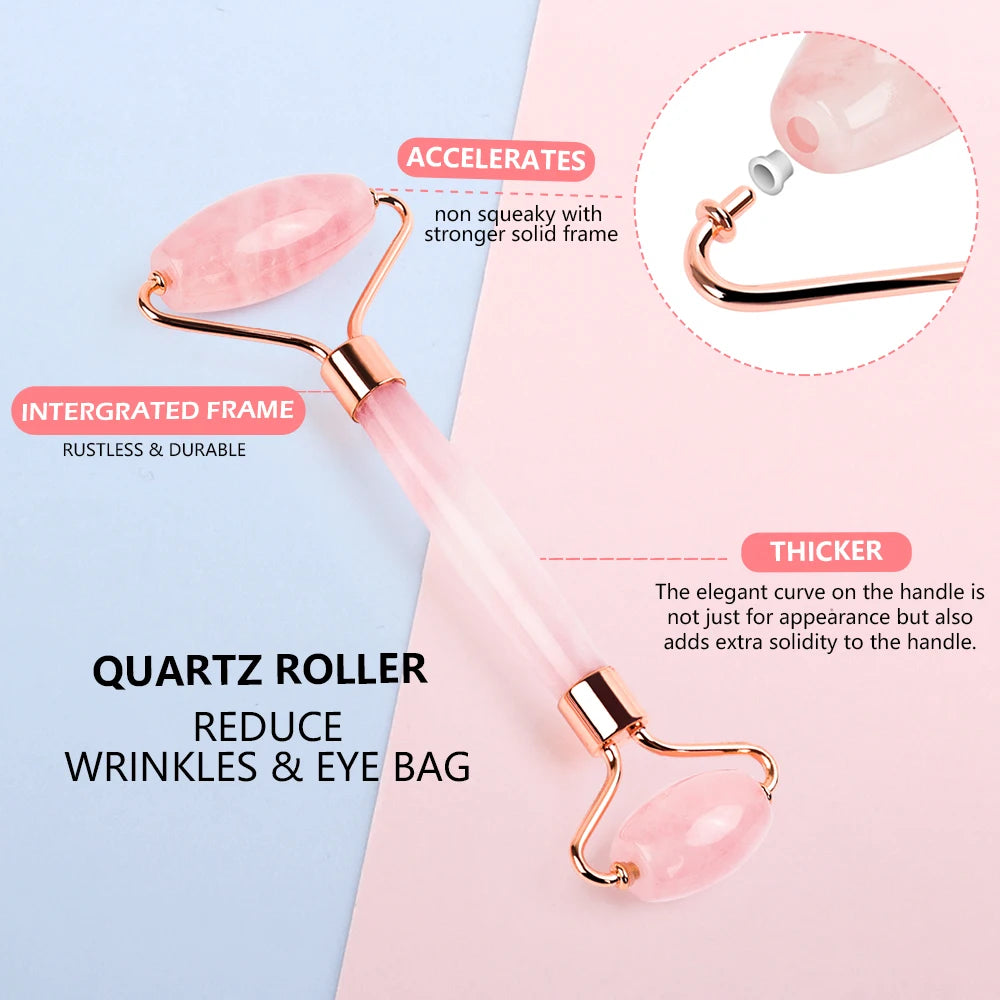 Natural Rose Quartz Jade Roller Gua Sha Set Facial Body Massager Roller Jade Stone Massage Set Face Lifting Beauty Massage Tool