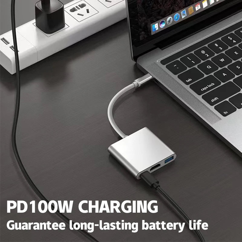 3 in 1 Usb-C Hub Male to Female HDTV-Compatible 4k Type-C to Usb 3.0 Charging Adapter for Laptop Computer Phone Converter